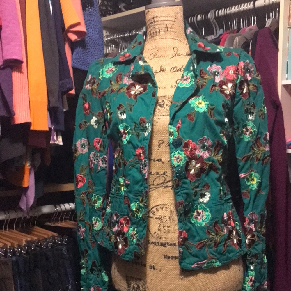 Johnny Was Floral Embroidered Emerald Green Blazer NWOT Sz S Ret. $400+